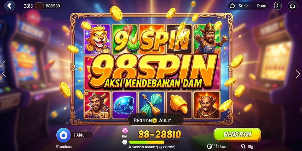 Screenshot utama 98SPIN menunjukkan gulungan yang berputar dengan efek aksi yang dinamis.