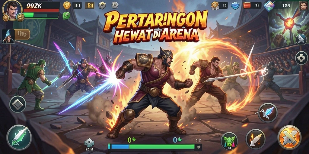Screenshot 99ZK menampilkan aksi pertarungan seru di arena.