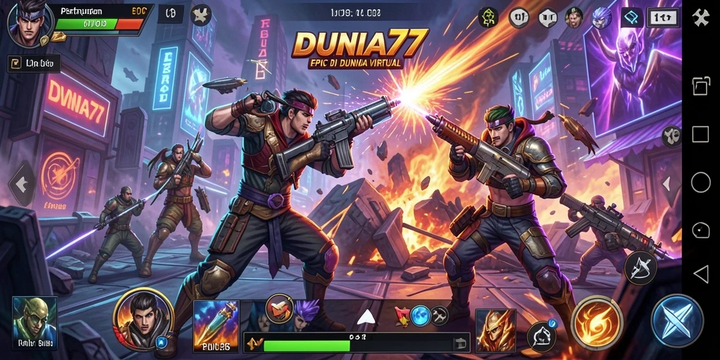 Screenshot DUNIA77 menampilkan aksi pertarungan yang dinamis dan karakter yang kuat.