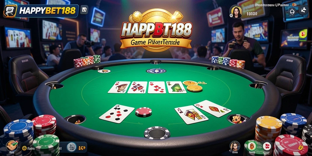 Screenshot gameplay <strong>HAPPYBET188</strong> menampilkan pemain berinteraksi di meja poker.