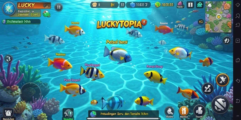 Tampilan gameplay LUCKYTOPIA yang seru saat menangkap ikan.