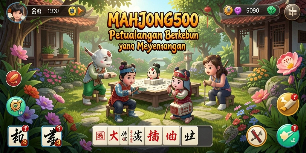 Tangkapan layar gameplay <strong>MAHJONG500</strong> menunjukkan kebun yang subur dan aktivitas bertani.