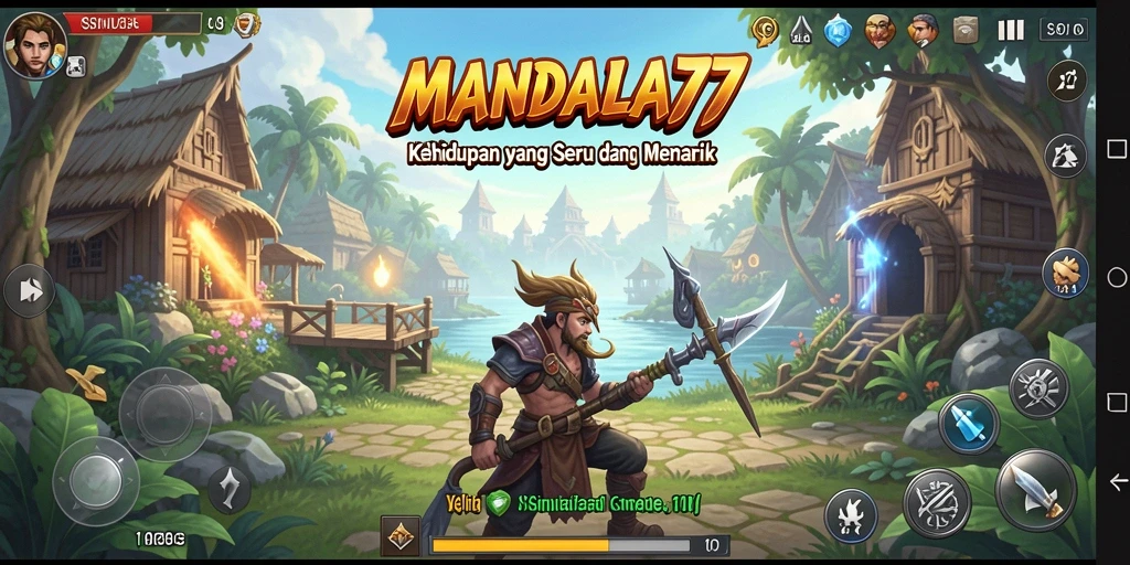 Screenshot utama dari gameplay MANDALA77 yang menunjukkan berbagai aktivitas.