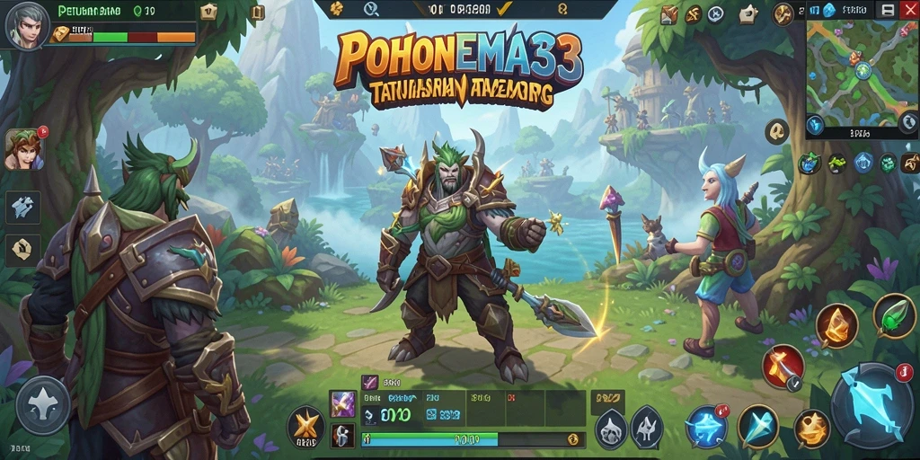 Screenshot gameplay POHONEMAS33 menampilkan pertempuran epik di dunia MMORPG.