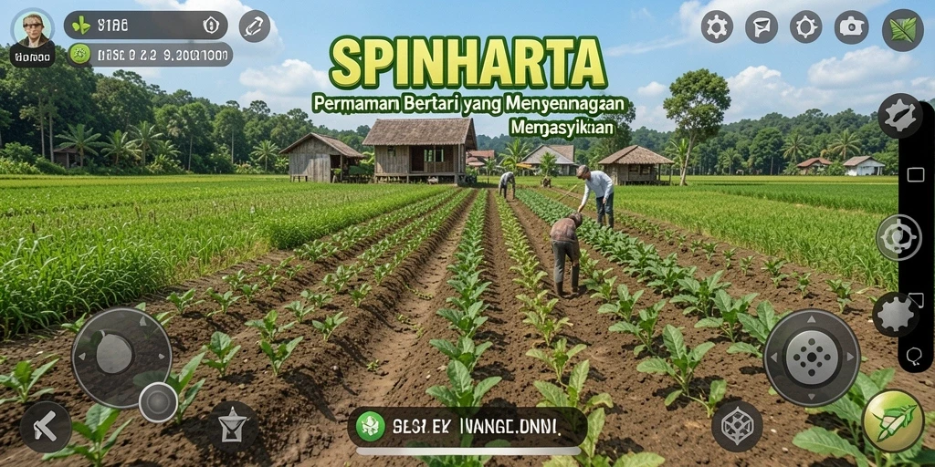 Tangkapan layar gameplay SPINHARTA menunjukkan aktivitas bertani yang seru dan interaktif.